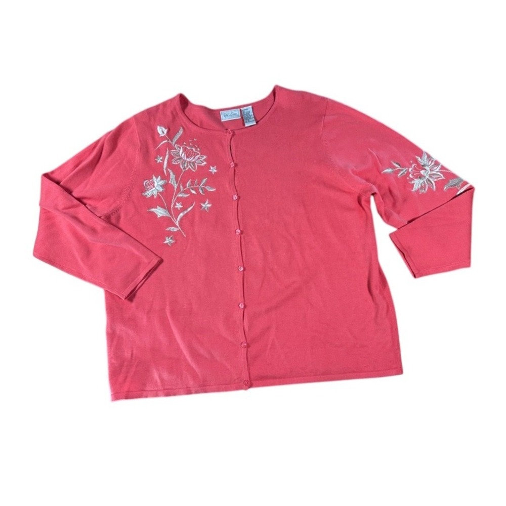 Yi Lin Embroidered Cardigan Sweater Floral Button Front Coral‎ Pink Plus Size 1X